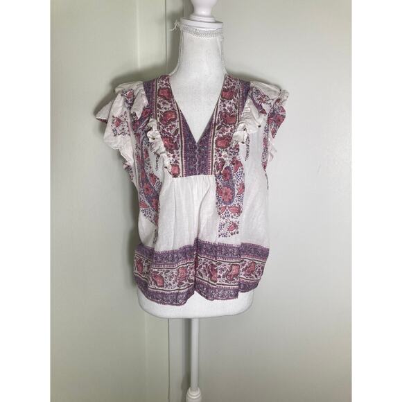 Bell White with Pink and Lavendar Block Print Top Sz M - Picture 1 of 3